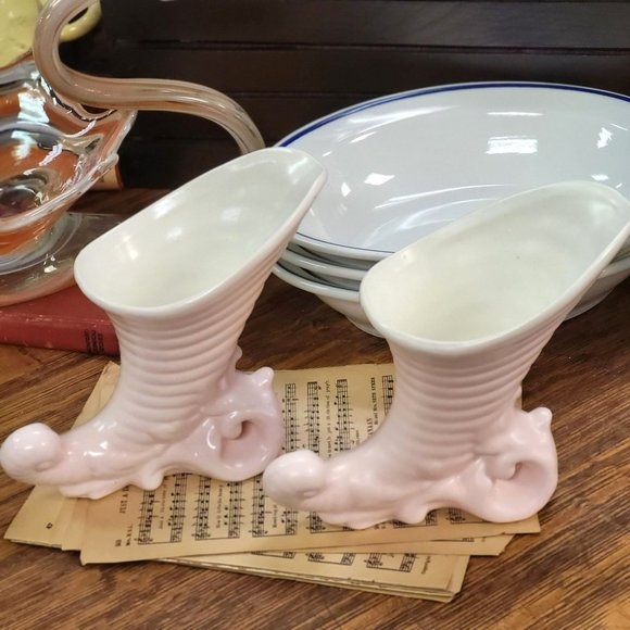 Cornucopia Ceramic Vase/Planter Pink and White set of 2 - Picture 1 of 12